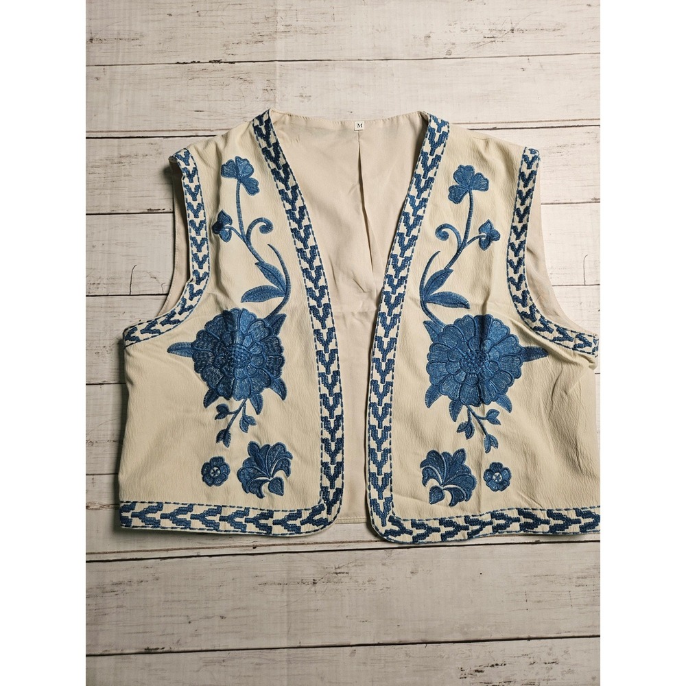 Unbranded Blue Floral Embroidered‎ Open Front Vest Cream Boho Folk Size M
